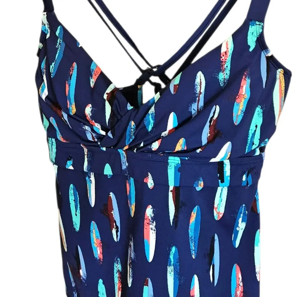 Title Nine Metis 34D Navy Blue Surfboard Print Underwire Tankini Swim Top